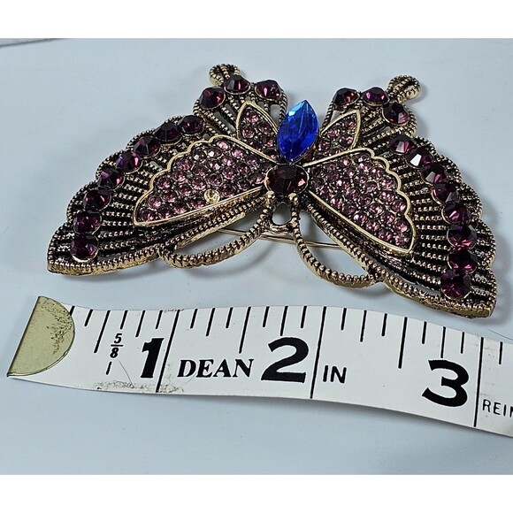 Vintage Rhinestone Butterfly Brooch Pin Gold Tone Pink Blue Purple Sparkle... - Picture 7 of 7